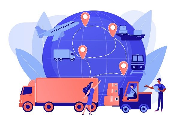 Warehouse worker transporting goods. Freight shipping types. Business logistics, smart logistics technologies, commercial delivery service concept. Pinkish coral bluevector isolated illustration